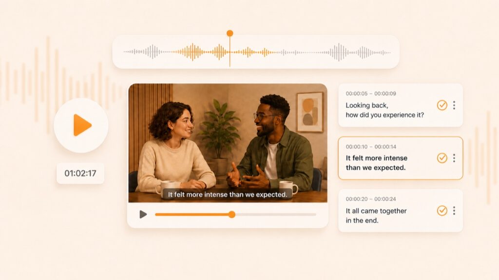Illustration of Valo Captions reviewing a long video with two speakers
