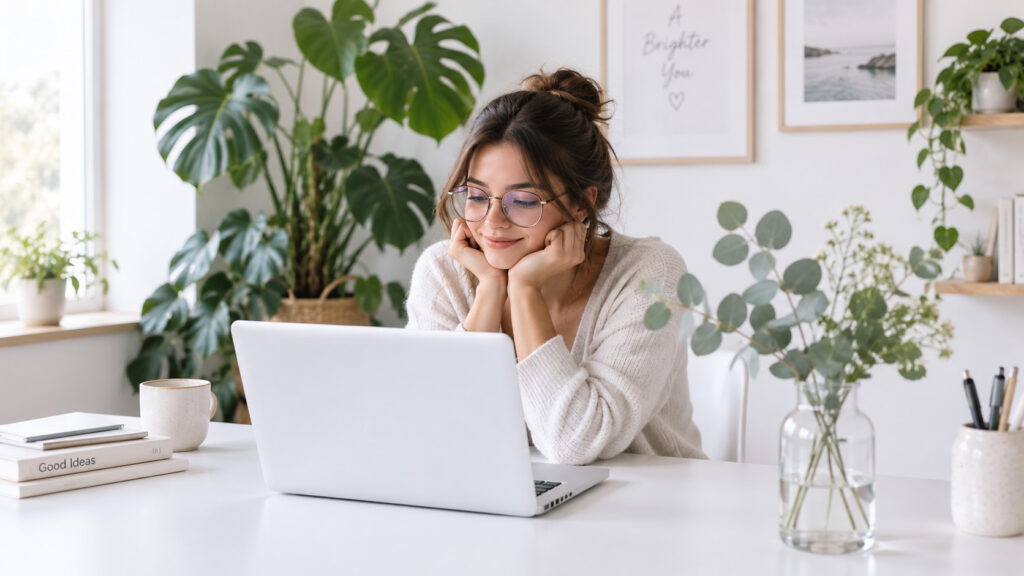 Vrouw aan een witte tafel met planten kijkt lachend naar haar laptop